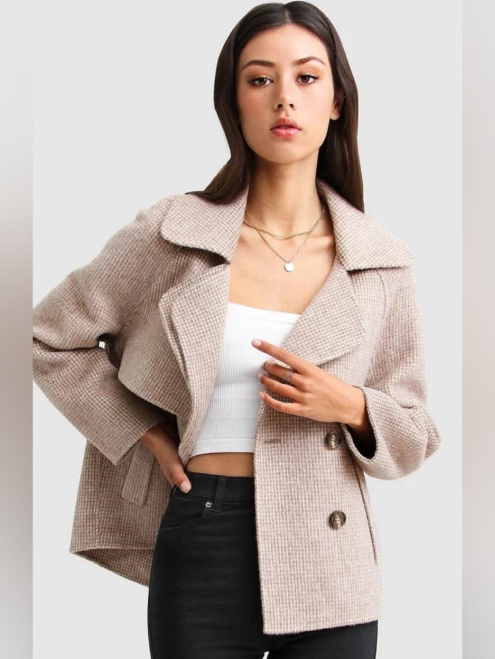 Women’s Beige Cropped Wool-Blend Peacoat Jacket